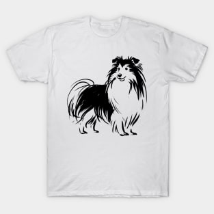 Stick figure sheltie dog in black ink T-Shirt